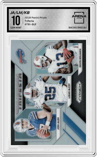 Josh Allen/LeSean McCoy/Kelvin Benjamin from the 2018 Panini Prizm set graded by Arena Club and given an overall grade of 10.