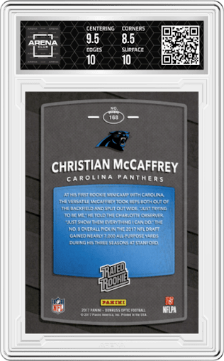 Christian McCaffrey from the 2017 Panini Donruss Optic set graded by Arena Club and given an overall grade of 9.
