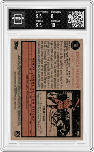 Bryce Harper from the 2011 Topps Heritage Minor League set graded by Arena Club and given an overall grade of 8.5.