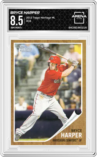 Bryce Harper from the 2011 Topps Heritage Minor League set graded by Arena Club and given an overall grade of 8.5.