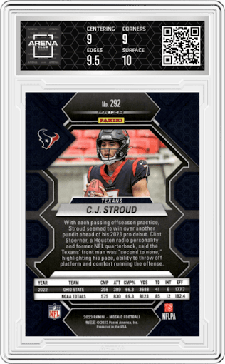 C.J. Stroud from the 2023 Panini Mosaic set graded by Arena Club and given an overall grade of 9.5.