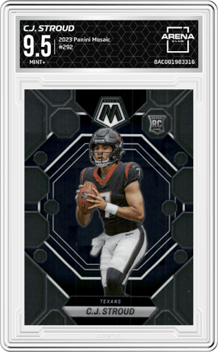 C.J. Stroud from the 2023 Panini Mosaic set graded by Arena Club and given an overall grade of 9.5.