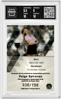 Paige Spiranac from the 2021 Super Glow set featuring a Blue Glow parallel graded by Arena Club and given an overall grade of 9.