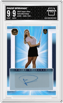 Paige Spiranac from the 2021 Super Glow set featuring a Blue Glow parallel graded by Arena Club and given an overall grade of 9.