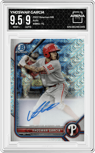 Yhoswar Garcia from the 2022 Bowman Mega Box set graded by Arena Club and given an overall grade of 9.5.