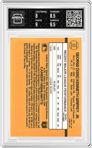 Ken Griffey Jr. from the 1989 Donruss set graded by Arena Club and given an overall grade of 8.5.