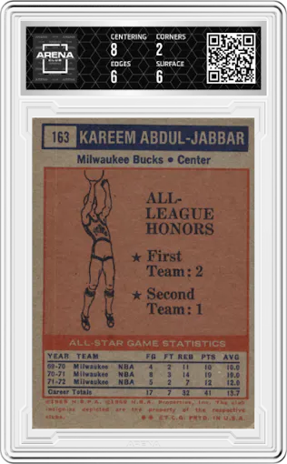 Kareem Abdul-Jabbar from the 1972-73 Topps Basketball set graded by Arena Club and given an overall grade of 2.5.
