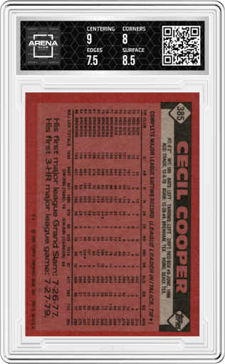 Cecil Cooper from the 1986 Topps set graded by Arena Club and given an overall grade of 8.