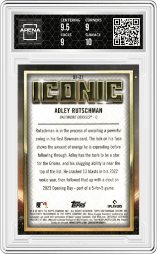 Adley Rutschman from the 2023 Bowman Chrome Mega Box set graded by Arena Club and given an overall grade of 9.5.