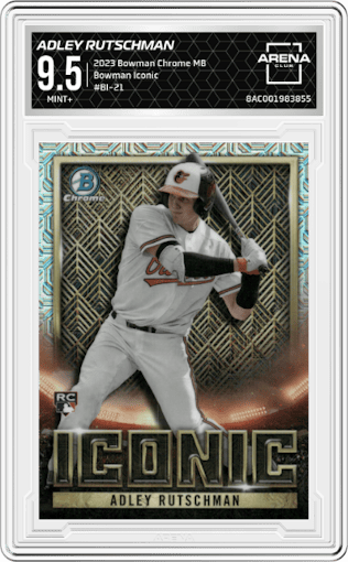 Adley Rutschman from the 2023 Bowman Chrome Mega Box set graded by Arena Club and given an overall grade of 9.5.