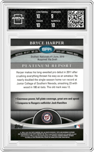 Bryce Harper from the 2011 Bowman Platinum  set graded by Arena Club and given an overall grade of 9.5.