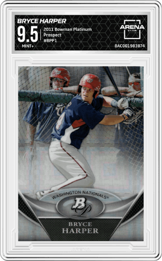 Bryce Harper from the 2011 Bowman Platinum  set graded by Arena Club and given an overall grade of 9.5.