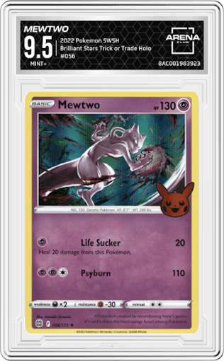 Mewtwo from the 2022 Pokemon SWSH set featuring a Trick or Trade parallel graded by Arena Club and given an overall grade of 9.5.