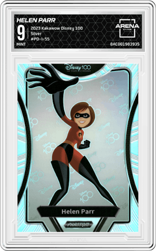 Helen Parr from the 2023 Kakawow Disney 100 set featuring a Silver parallel graded by Arena Club and given an overall grade of 9.