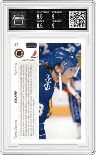 Teemu Selanne from the 1991-92 Upper Deck set graded by Arena Club and given an overall grade of 9.