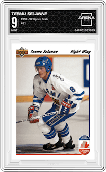 Teemu Selanne from the 1991-92 Upper Deck set graded by Arena Club and given an overall grade of 9.