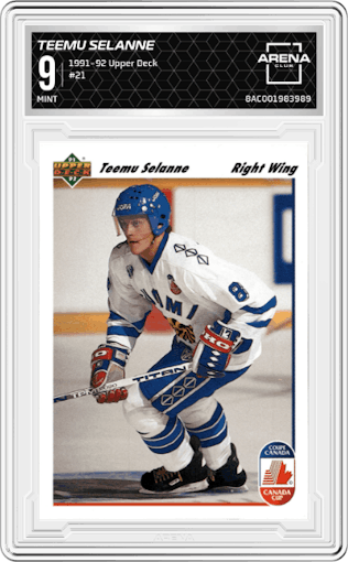 Teemu Selanne from the 1991-92 Upper Deck set graded by Arena Club and given an overall grade of 9.