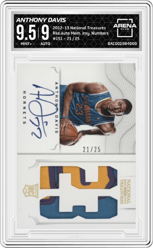 Anthony Davis from the 2012-13 Panini National Treasures set featuring a Jersey Numbers parallel graded by Arena Club and given an overall grade of 9.5.