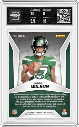Garrett Wilson from the 2022 Panini Rookies & Stars set graded by Arena Club and given an overall grade of 8.5.