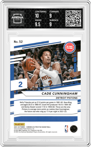 Cade Cunningham from the 2021-22 Panini Chronicles set graded by Arena Club and given an overall grade of 9.5.