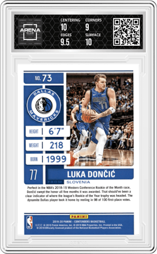 Luka Doncic from the 2019-20 Panini Contenders set featuring a Game Ticket Green parallel graded by Arena Club and given an overall grade of 9.5.