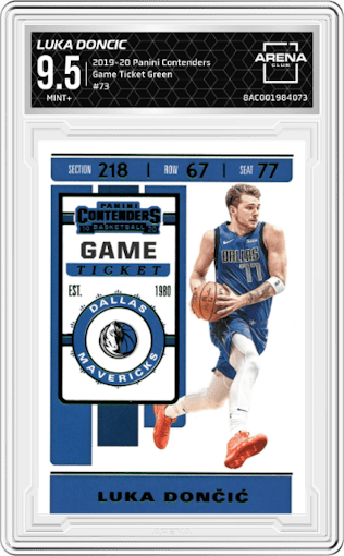 Luka Doncic from the 2019-20 Panini Contenders set featuring a Game Ticket Green parallel graded by Arena Club and given an overall grade of 9.5.