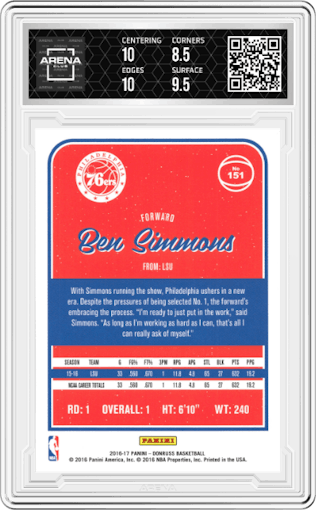 Ben Simmons from the 2016-17 Panini Donruss  set graded by Arena Club and given an overall grade of 9.