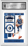Luka Doncic from the 2019-20 Panini Contenders set featuring a Game Ticket Red parallel graded by Arena Club and given an overall grade of 10.