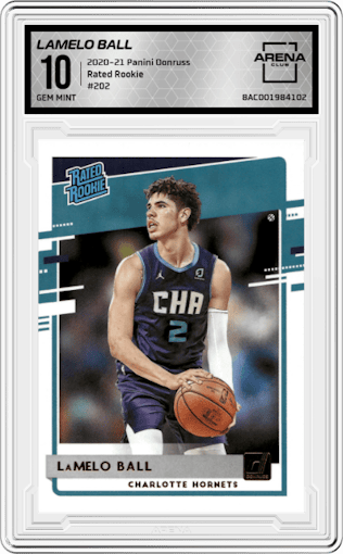 Lamelo Ball from the 2020-21 Panini Donruss set graded by Arena Club and given an overall grade of 10.