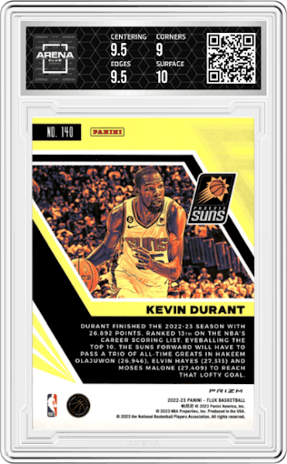 Kevin Durant from the 2022-23 Panini Flux set featuring a Silver parallel graded by Arena Club and given an overall grade of 9.5.