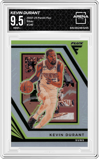 Kevin Durant from the 2022-23 Panini Flux set featuring a Silver parallel graded by Arena Club and given an overall grade of 9.5.