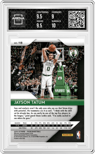 Jayson Tatum from the 2018-19 Panini Prizm set graded by Arena Club and given an overall grade of 9.5.