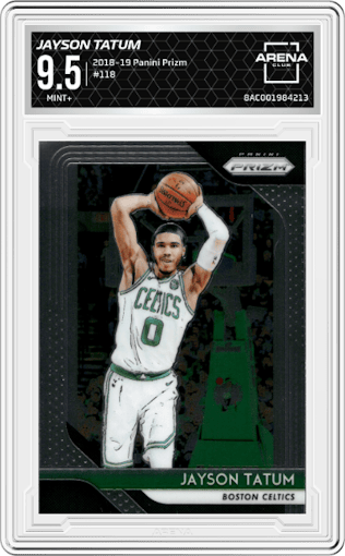 Jayson Tatum from the 2018-19 Panini Prizm set graded by Arena Club and given an overall grade of 9.5.