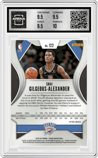 Shai Gilgeous-Alexander from the 2019-20 Panini Prizm set featuring a Red/White/Blue Prizm  parallel graded by Arena Club and given an overall grade of 10.
