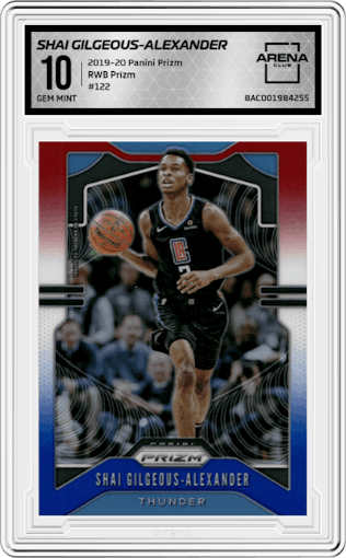 Shai Gilgeous-Alexander from the 2019-20 Panini Prizm set featuring a Red/White/Blue Prizm  parallel graded by Arena Club and given an overall grade of 10.
