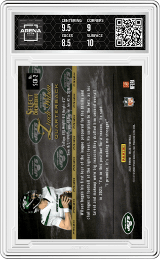 Zach Wilson from the 2021 Panini Select set featuring a Silver Prizm parallel graded by Arena Club and given an overall grade of 9.