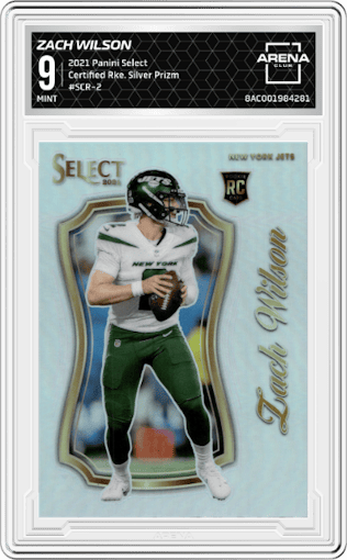 Zach Wilson from the 2021 Panini Select set featuring a Silver Prizm parallel graded by Arena Club and given an overall grade of 9.