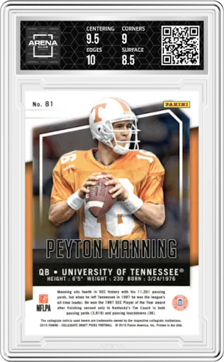 Peyton Manning from the 2015 Panini Prizm Collegiate Draft Picks set graded by Arena Club and given an overall grade of 9.