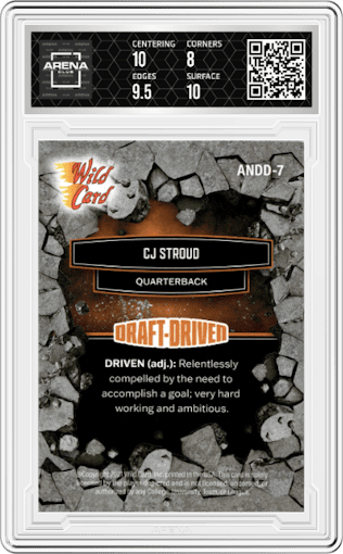 CJ Stroud from the 2021 Wild Card Alumination NIL set graded by Arena Club and given an overall grade of 8.5.