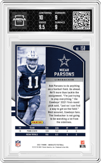 Micah Parsons from the 2021 Panini Absolute set graded by Arena Club and given an overall grade of 9.5.