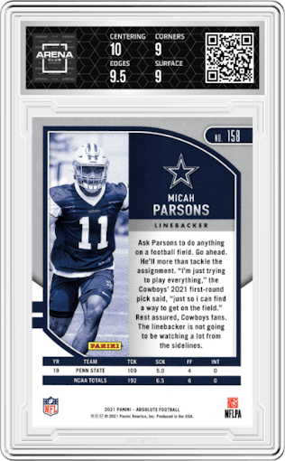 Micah Parsons from the 2021 Panini Absolute set graded by Arena Club and given an overall grade of 9.5.