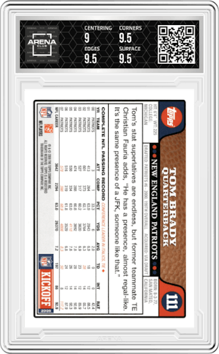 Tom Brady from the 2008 Topps  set graded by Arena Club and given an overall grade of 9.5.