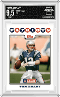 Tom Brady from the 2008 Topps  set graded by Arena Club and given an overall grade of 9.5.