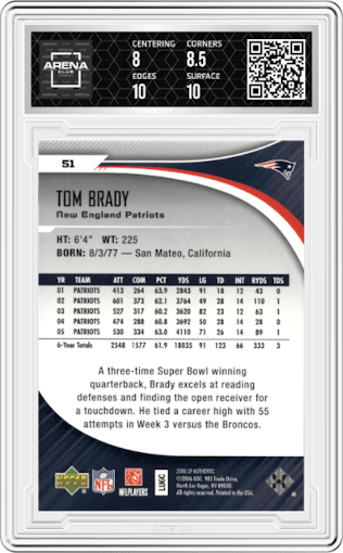 Tom Brady from the 2006 Upper Deck SP Authentic set graded by Arena Club and given an overall grade of 8.5.