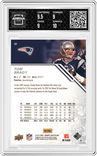 Tom Brady from the 2009 Upper Deck Draft Edition set graded by Arena Club and given an overall grade of 9.5.