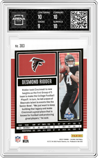 Desmond Ridder from the 2022 Panini Score set graded by Arena Club and given an overall grade of 9.5.