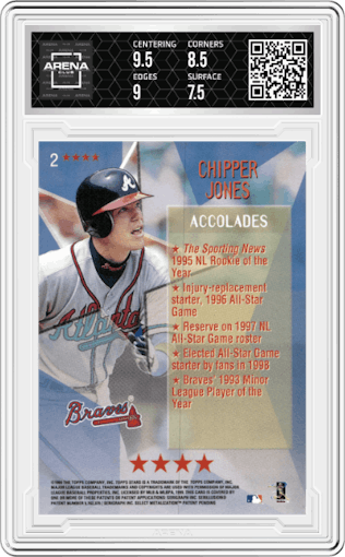 Chipper Jones from the 1999 Topps Stars set featuring a Four Star parallel graded by Arena Club and given an overall grade of 8.