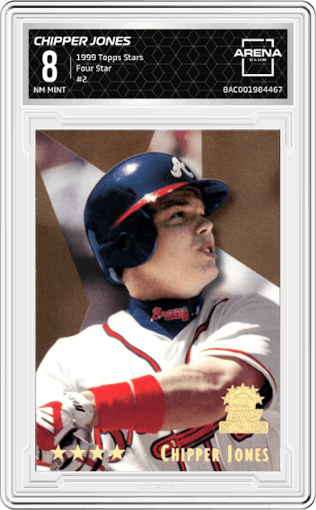 Chipper Jones from the 1999 Topps Stars set featuring a Four Star parallel graded by Arena Club and given an overall grade of 8.