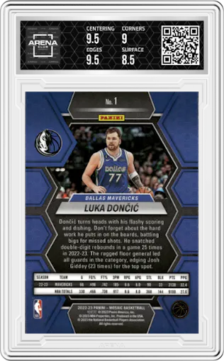 Luka Doncic from the 2022-23 Panini Mosaic set graded by Arena Club and given an overall grade of 9.