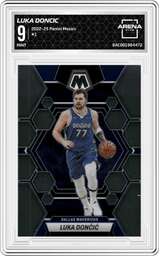 Luka Doncic from the 2022-23 Panini Mosaic set graded by Arena Club and given an overall grade of 9.